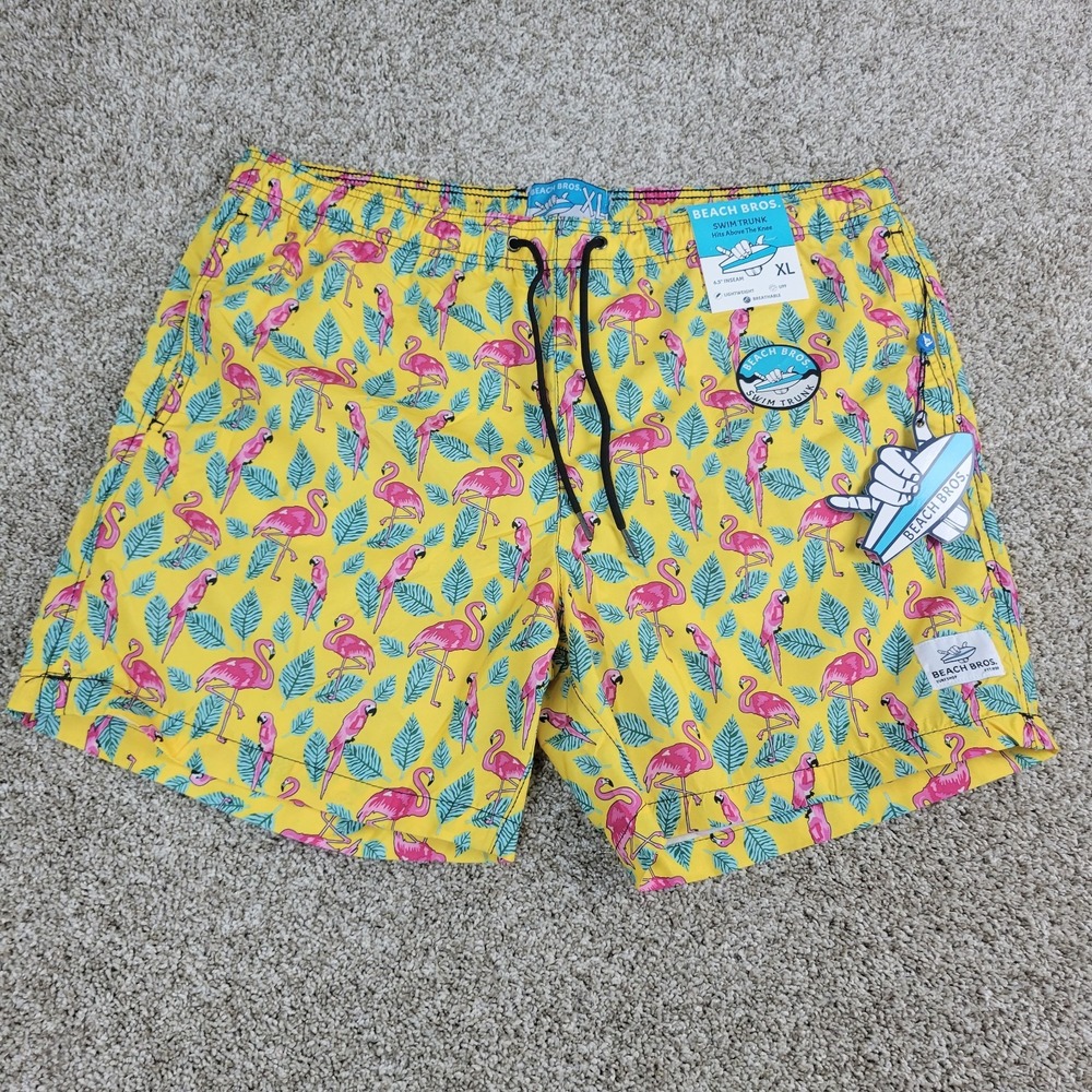 NWT Beach Bros Mens XL Flamingo‎ Parrot Yellow AOP Swimsuit Lined Elastic Waist